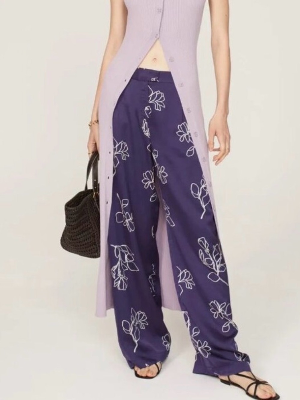 Jason Wu Satin Navy Floral Wide-Leg Pants